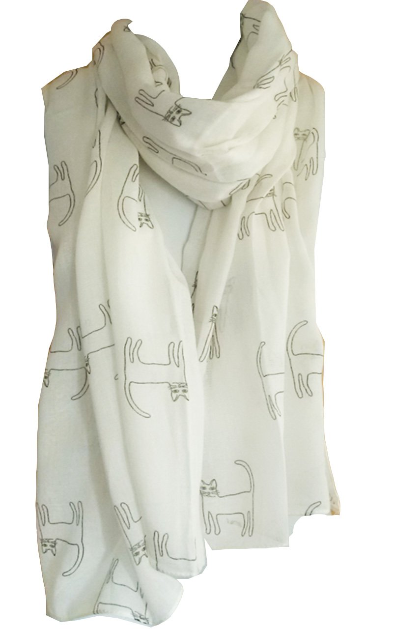 Glamlondon Women's Creamy White Cat Printed Kitty Sketch Scarf (Creamy White)