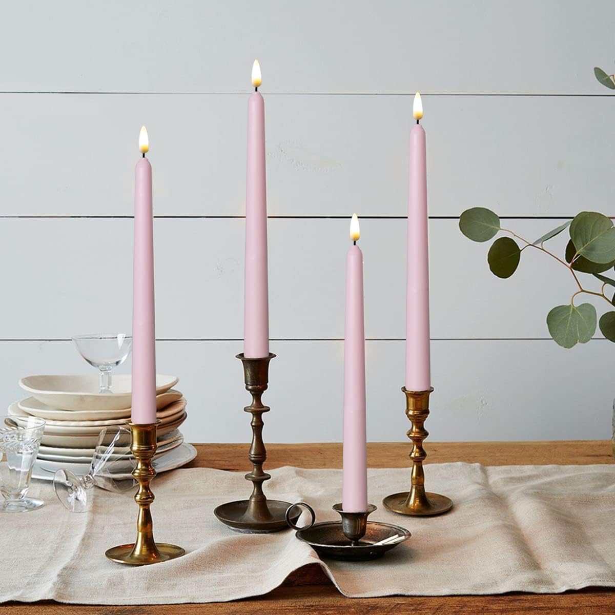 4 Pack Pink 11'' Wax Covered Flameless Candles, Use 2-AA Batteries(not included）Runs 200 Hours, Remote and Timer, LED Battery Operated Flickering Candle for Wedding, Christmas, Patry, Hotel, Windows