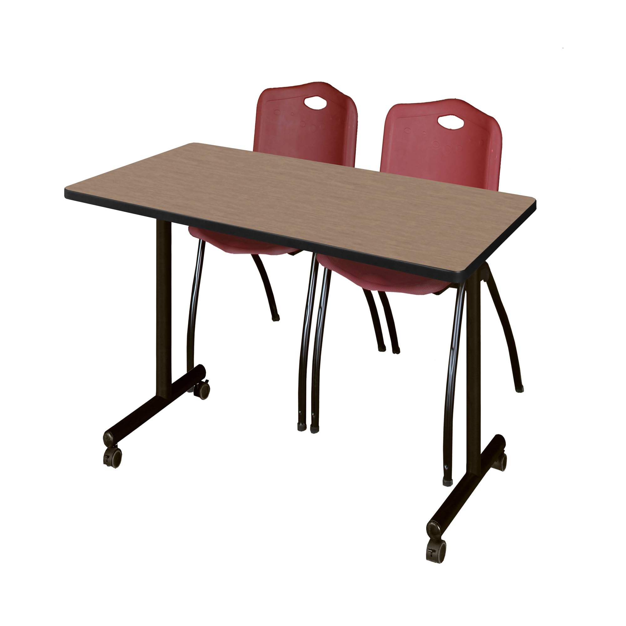 Romig Axis-Pro 48 x 24 in. Mobile T-Base Training Table- Noble Oak, 2 M Stack Chairs- Burgundy