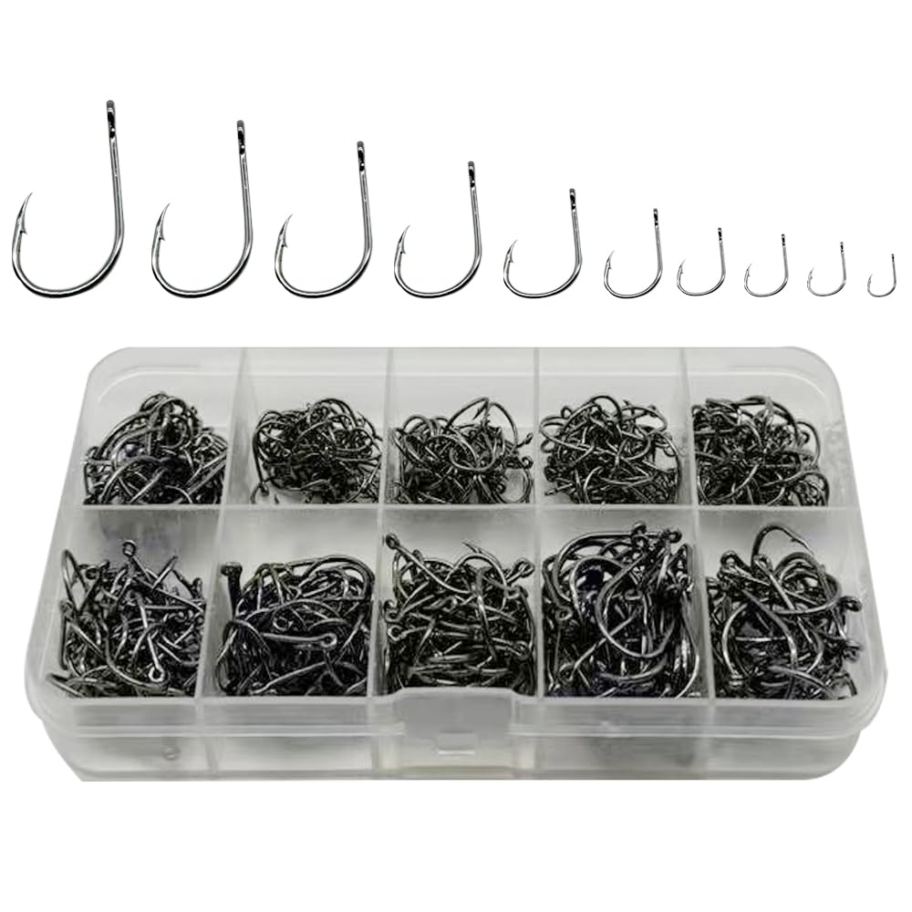 500PCS Fishing Hooks Assortment - High Carbon Steel 10 Sizes Freshwater Saltwater
