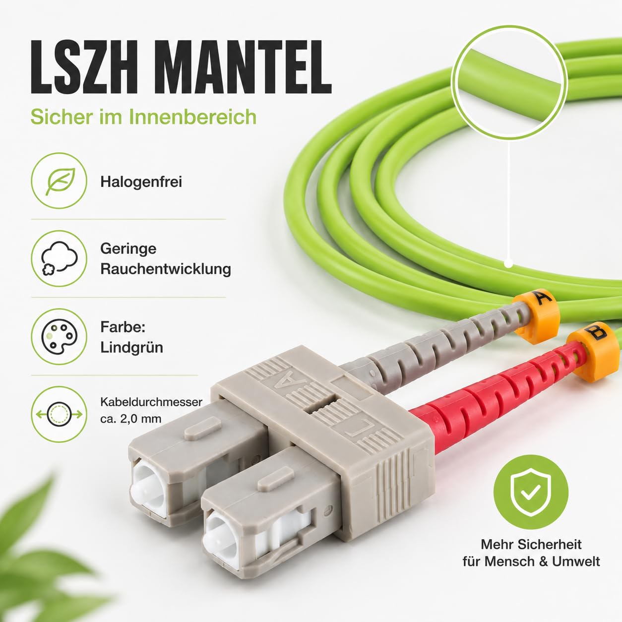 1 câble de brassage duplex OM5 LWL DX de 30 m, SC/UPC - SC/UPC MM multimode - 50/125 µm LSZH vert citron