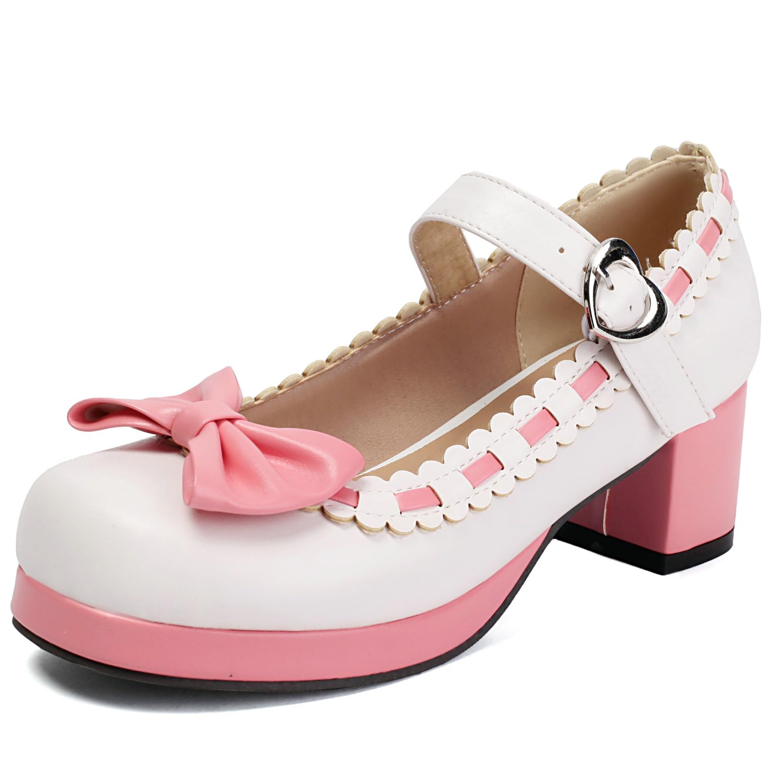 Cute Mary Jane Bow Kawaii Heels Cute One Buckle Strap Tacón grueso Correa de espagueti especial Zapatos de vestir de fiesta de encaje con lazo (10A-blanco,35)