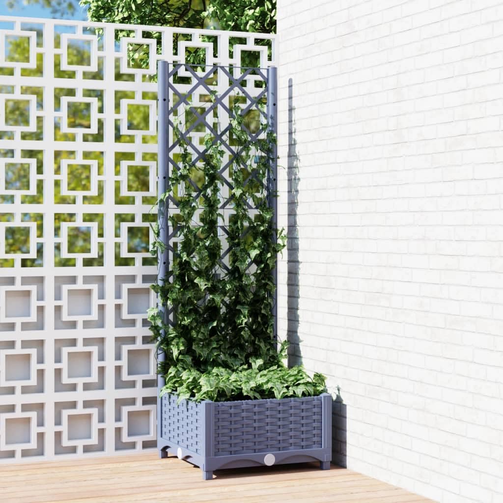 GeoHome Garden Trellis Planter | Plastic Garden Raised Bed with Trellis | Patio Planter Box for Backyard Yard Outdoor Vine Climbing Plants Flowers | Dark Gray Polypropylene 15.7