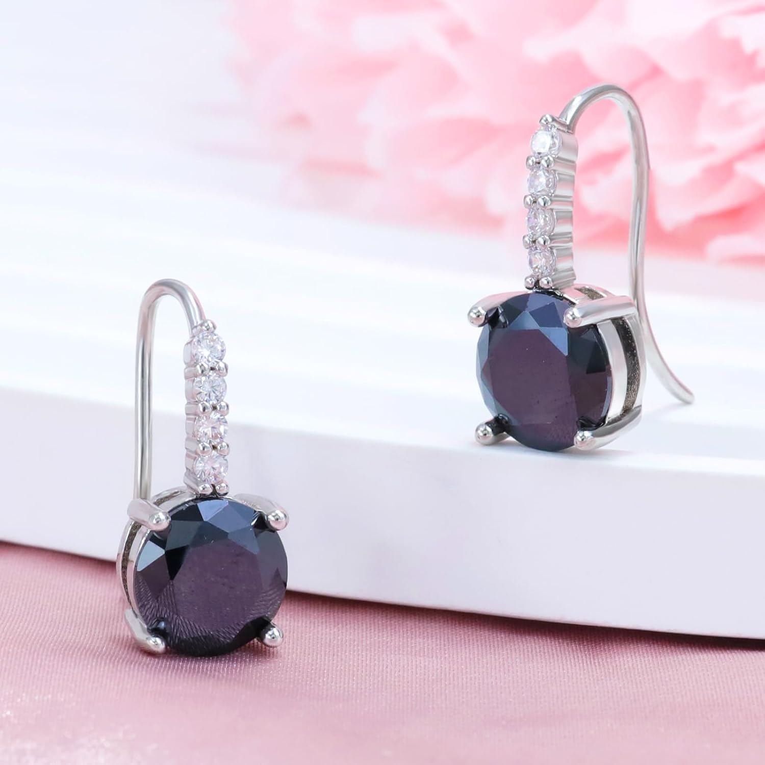 Drop Dangle Earrings Sterling Silver Round Cut CZ Black Dangle Hook Earrings 9MM 2.5ct Prong Setting Black Crystals Bridal Earrings Fashion Jewelry Gifts for Women Wedding Christmas - Image 2