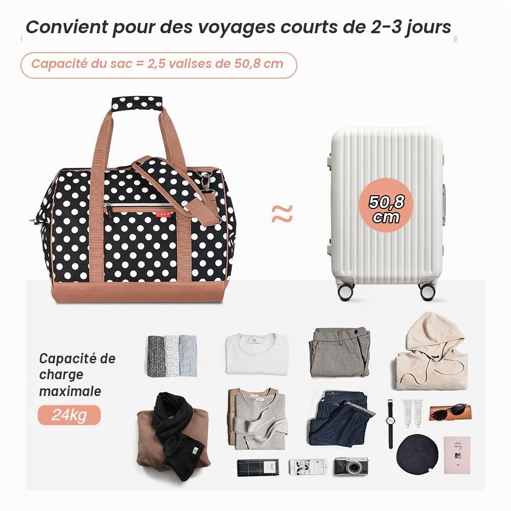 Lekesky Sac de nuit pour femme, sac fourre-tout, sac d'hôpital de maternité avec grande ouverture sur le dessus, sac de voyage pour femme, rayures bleues, Pois blancs., 33L