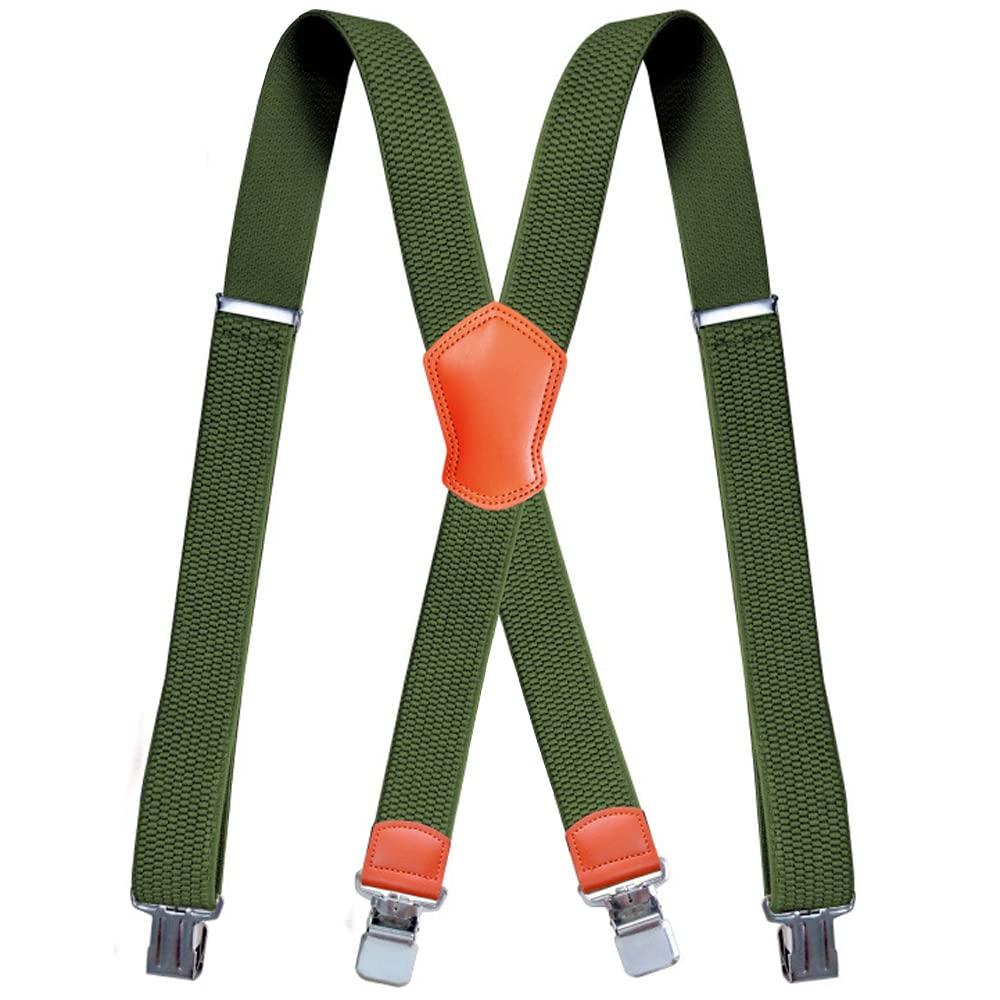 Yyksydpt Men's Army Green Braces For With Very Strong 4 Clips 38 Mm Wide Duty Suspenders Durable Elastic X Style Adjustable Brace Suspenders (Army Green)