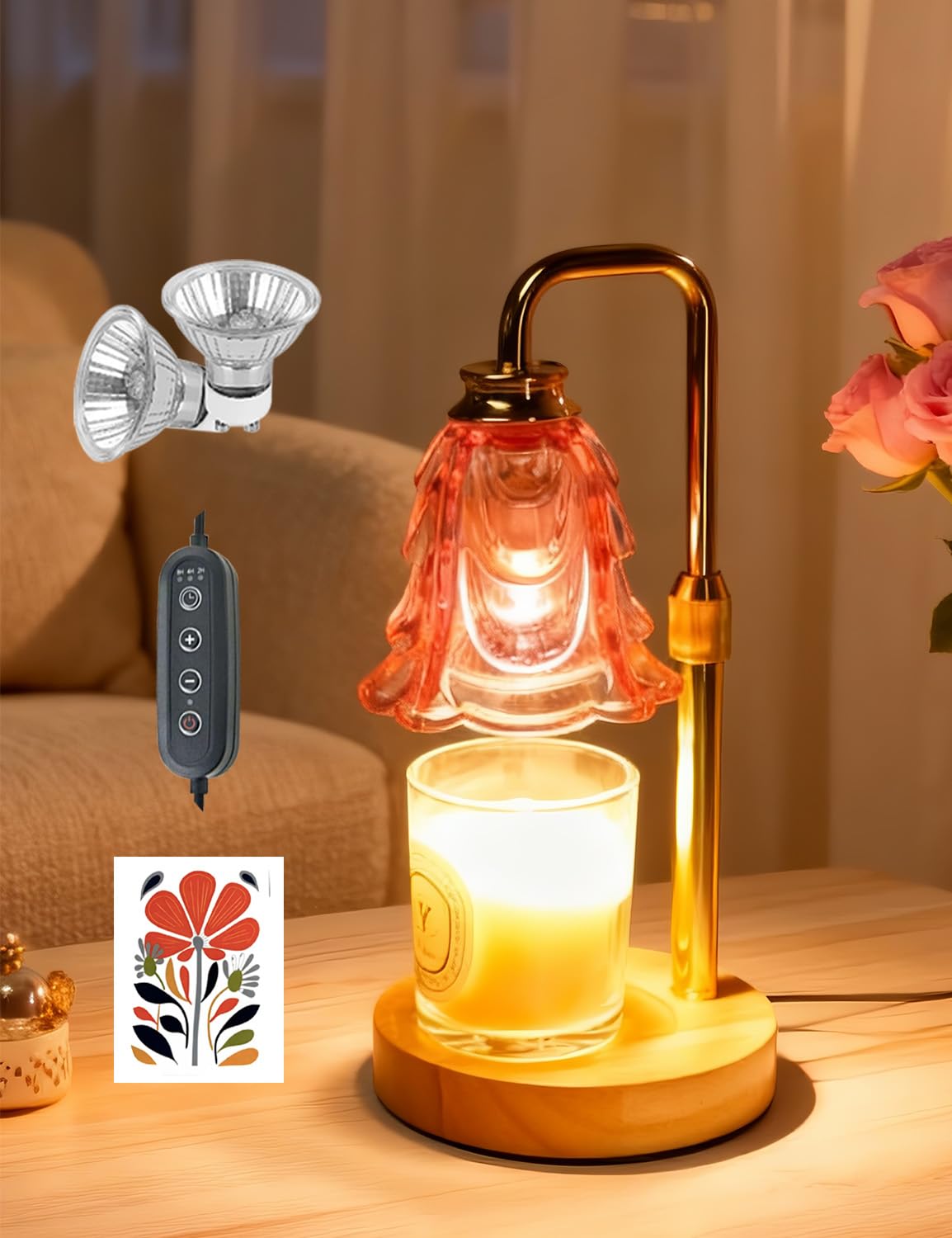 Candle Warmer Lamp Mothers Day Gifts Pink Flower Glass Wood Candle Lamp with Timer Adjustable Height Dimmable Light