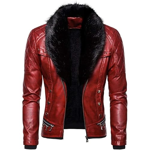 Men's Zipper Removable Fur Collar Jacket,Leather Vintage Steam Pocket Punk Gothic Retro Coat