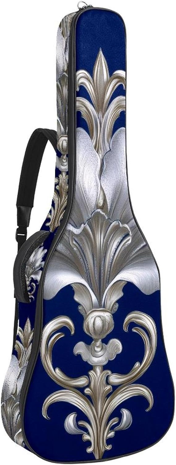 Art Royal Lily on Blue Background Acoustic Guitar Gig Bag, 1 cm Thick Padding Waterproof Guitar Bag Backpack for 40 41 42 Inch Electric Bass Classical Guitars