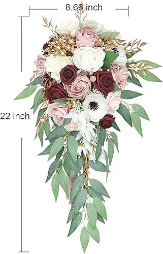 Miniatura 2 de Ramos de novia de rosas artificiales polvorientas, ramos de boda en cascada de rosas burdeos para ceremonia de boda, aniversario, despedida de