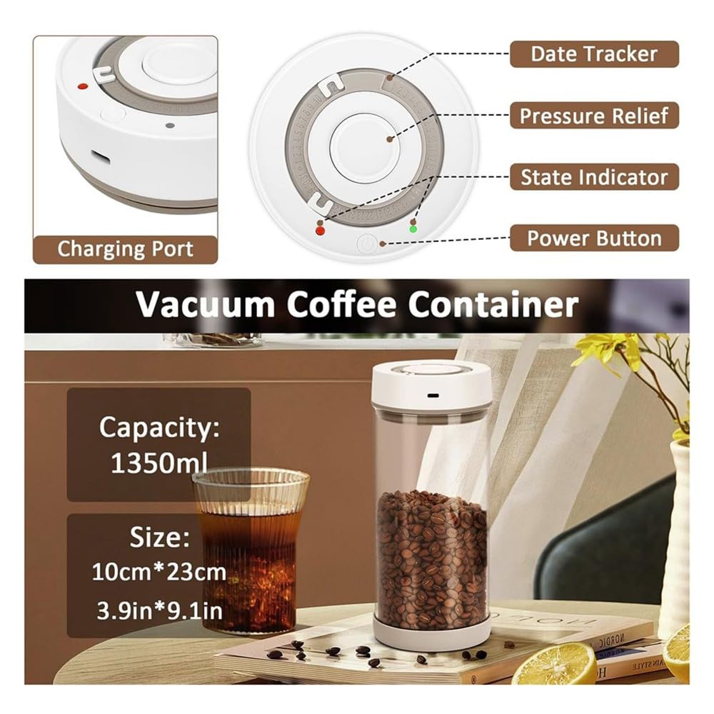 Automatischer Vakuum-Kaffeebehälter, 1,35 L Luftdichter Kaffeebehälter für 510 G Kaffeebohnen, EIN-Knopf-Bedienung