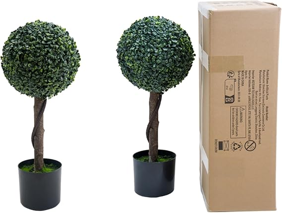 Artificial Topiary Ball Trees 24 Inch, Fake Greenery Milan Grass Ball Tree for Front Porch, Indoor Walkway, Entryway, Set of 2