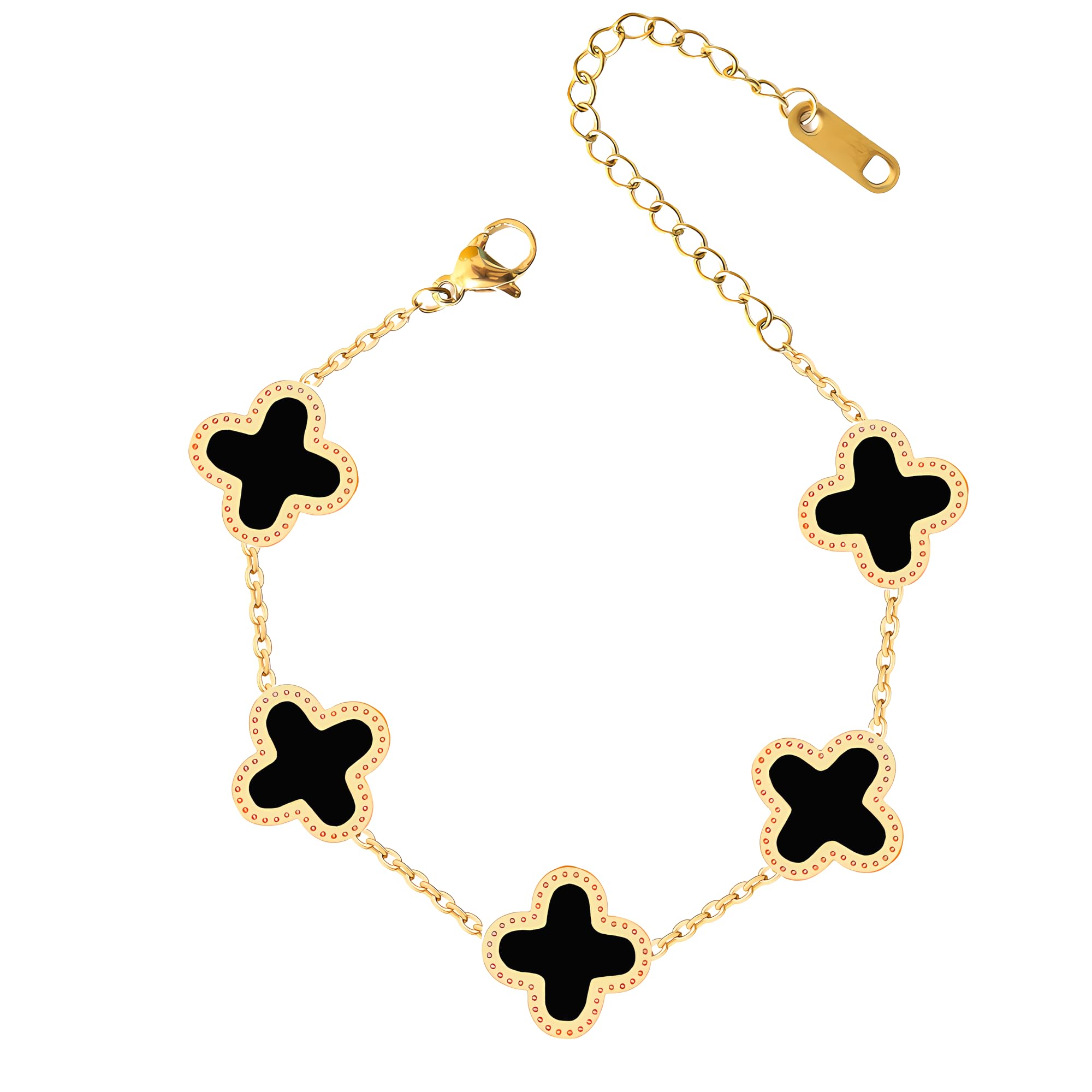 SHINYY Four Leaf Clover Bracelet for Women 18K Gold Plated Stainless Steel Lucky 4 Leaf Link Bracelet Wrist Jewelry for Mother and Daughter (Black Gold), Adjustable, 18K Gold Plated, no gemstone