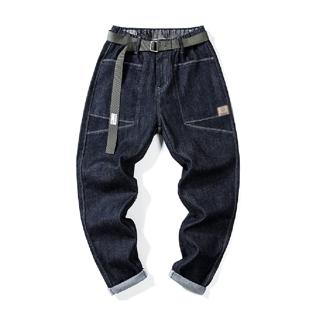 Dark Jeans Men Stretch Loose Fit Wide Leg Spring Casual Harem Pants Elastic Patchwork Include Belt