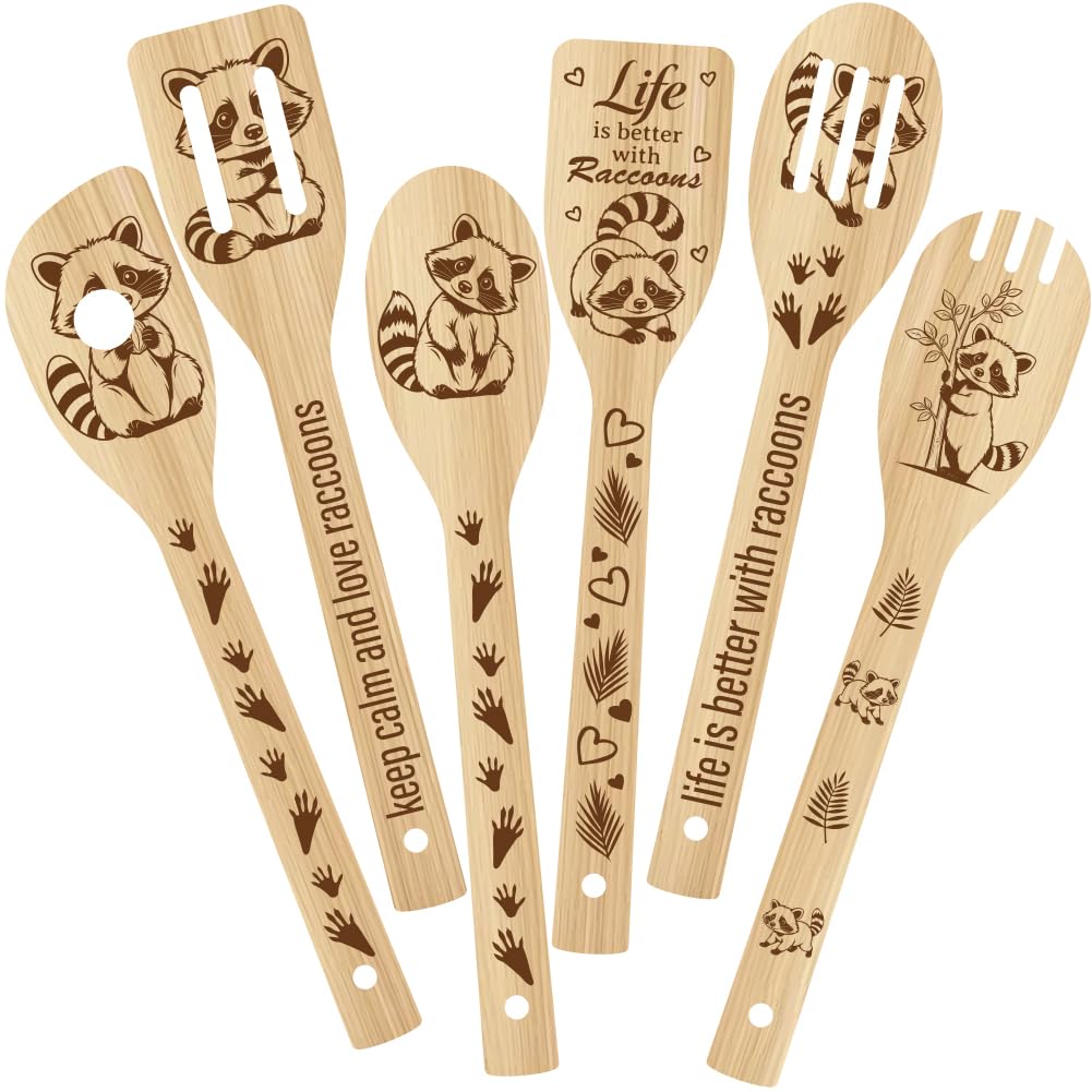 PRESSINART 6Pcs 6 Styles Animal Cooking Spoon for Kitchen 11.8 x 2.4 Inch Bamboo Cooking Utensils Durable Wood Raccoon Kitchen Spoon Set for Housewarming Wedding Birthday Gift Farmhouse Home Decor