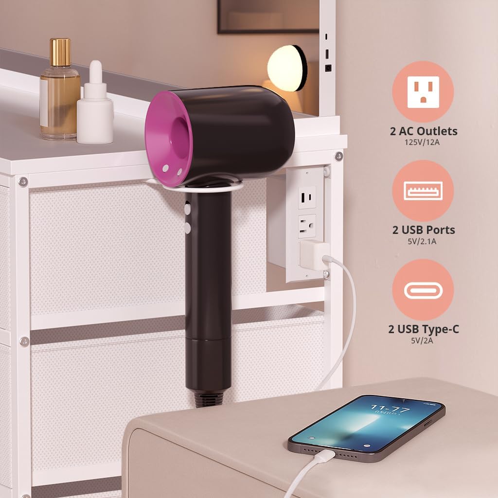 COMHOMA Vanity Desk with Large Mirror,15 LED Bulbs and Power Outlet,Makeup Table with 9 Storage Drawers and HD Mirrors,3 Color Modes Adjustable Lighting for Bedroom Dressing Room (White, 47inch)