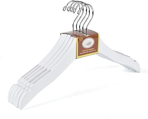 Miniatura 9 de Paquete de 10 perchas de madera blanca para pantalones para niños, diseño de lujo, gancho giratorio 360 cromado (10, 13 pulgadas con clips)