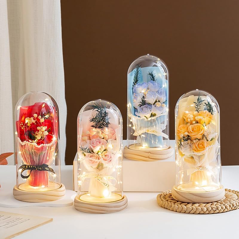 Preserved Flowers in Glass Dome with LED Lights, Decorative Rose Arrangement with Wooden Base (Light Pink) - Image 2