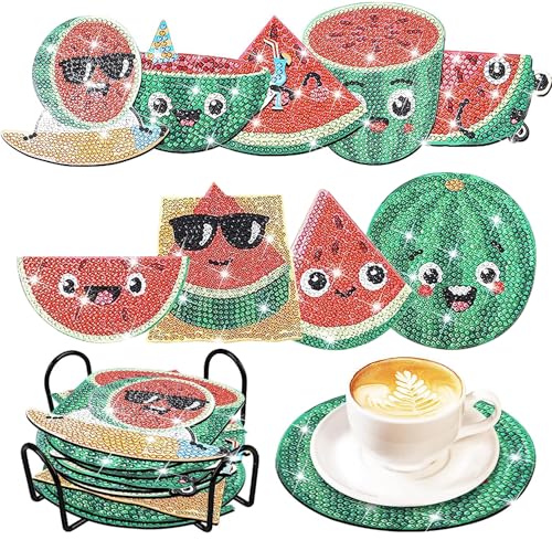 Image of 9 Pcs Watermelon Shaped Diamond Painting Coasters Set - Irregular Shaped Diamond Art Drink Coasters with Holder, Summer Irregular Fruit Slice Drink Coasters for Table Decor Coffee Tea Cup