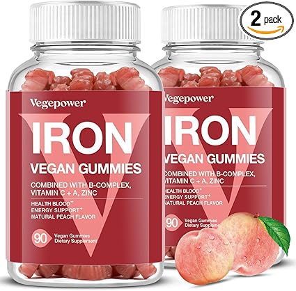 Vegan Iron Gummies Supplement - Multivitamin Supplement with Vitamin C, A, B & Zinc - Health Blood & Energy Support for Iron Deficiency, Anemia, No After Taste - Peach Flavor（2 Packs）