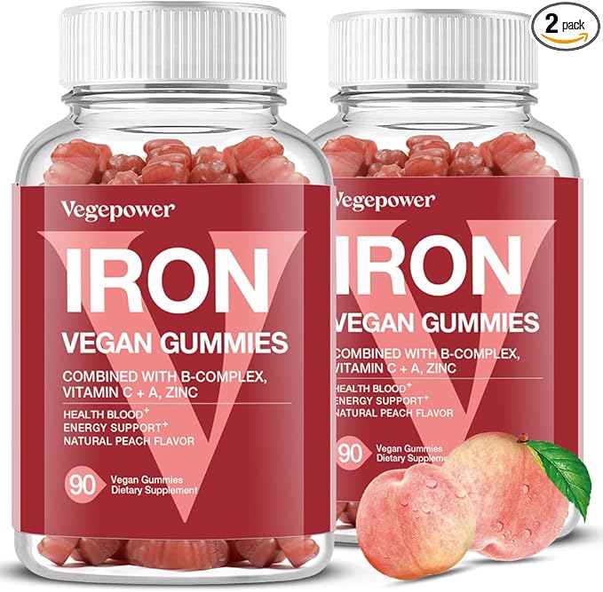 Vegan Iron Gummies Supplement - Multivitamin Supplement with Vitamin C, A, B & Zinc - Health Blood & Energy Support for Iron Deficiency, Anemia, No After Taste - Peach Flavor（2 Packs）