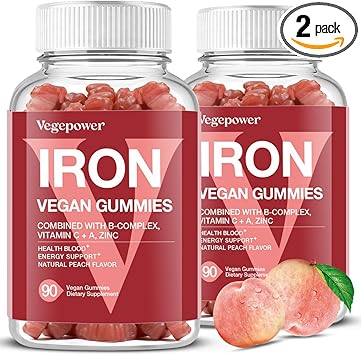 Vegan Iron Gummies Supplement - Multivitamin Supplement with Vitamin C, A, B & Zinc - Health Blood & Energy Support for Iron Deficiency, Anemia, No After Taste - Peach Flavor（2 Packs）