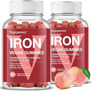 Vegan Iron Gummies Supplement - Multivitamin Supplement with Vitamin C, A, B & Zinc - Health Blood & Energy Support for Iron Deficiency, Anemia, No After Taste - Peach Flavor(2 Packs)
