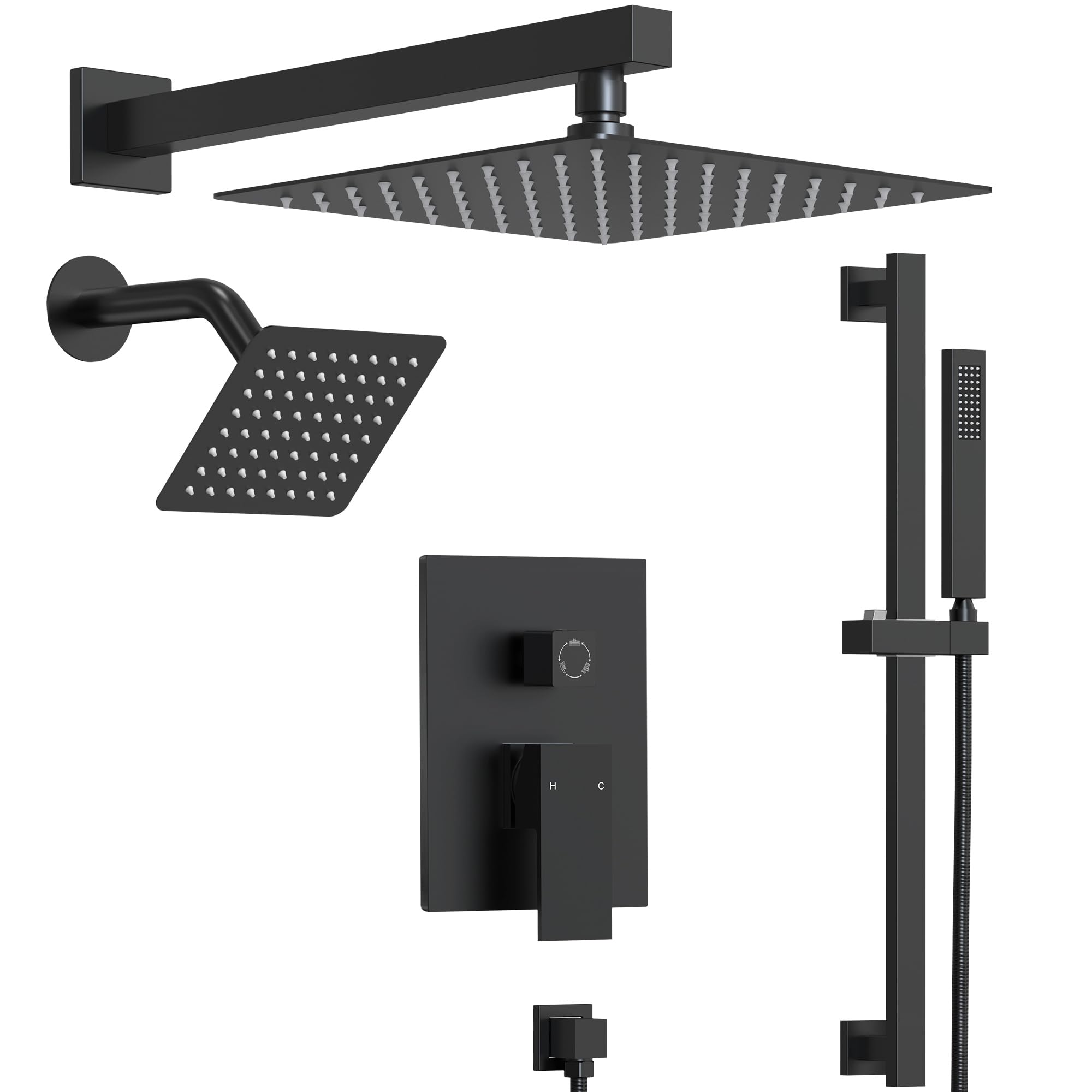 10" High-Pressure Rainfall Shower Faucet with Handheld Spray, Wall Mount Dual Shower Head System with Slide Bar (Matte Black)