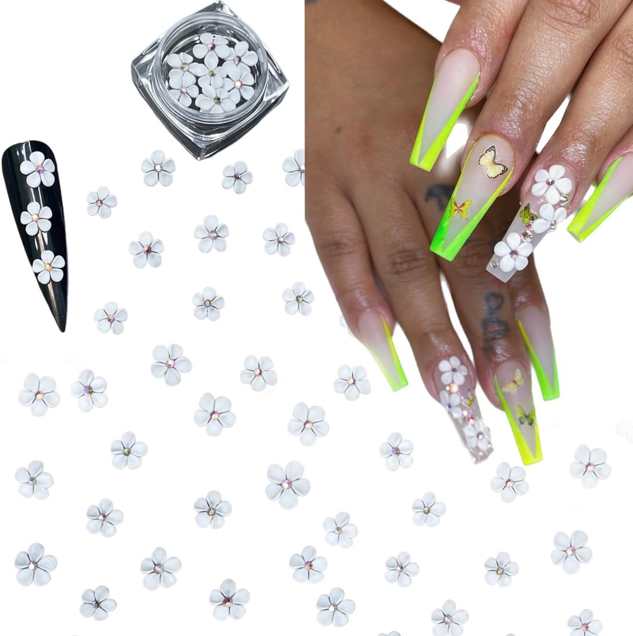 Set 50Pcs White 3D Flowers for Nails, Apricot Handmade 3D Acrylic Flowers for Nails, Flower Nail Charms Rhinestones Gems by Acrylic Powder Design Nail Art Women Girls (Apricot Tiny White - 50Pcs)