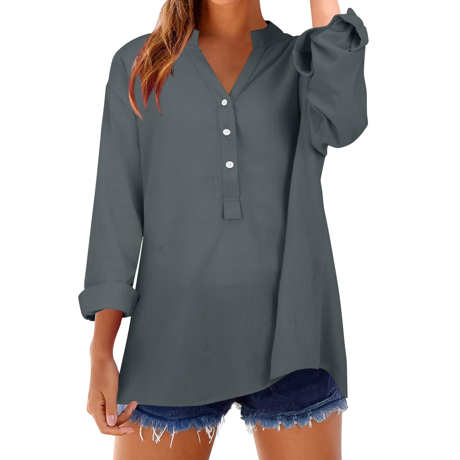 Linen Tops for Women UK Summer Cotton Linen Blouse Plus Size Tunic Tops Grandad Collar Casual Dress Blouse Elegant Business Office Work Tee Shirts Loose Rolled Long Sleeve Shirts Dark Gray, 3XL