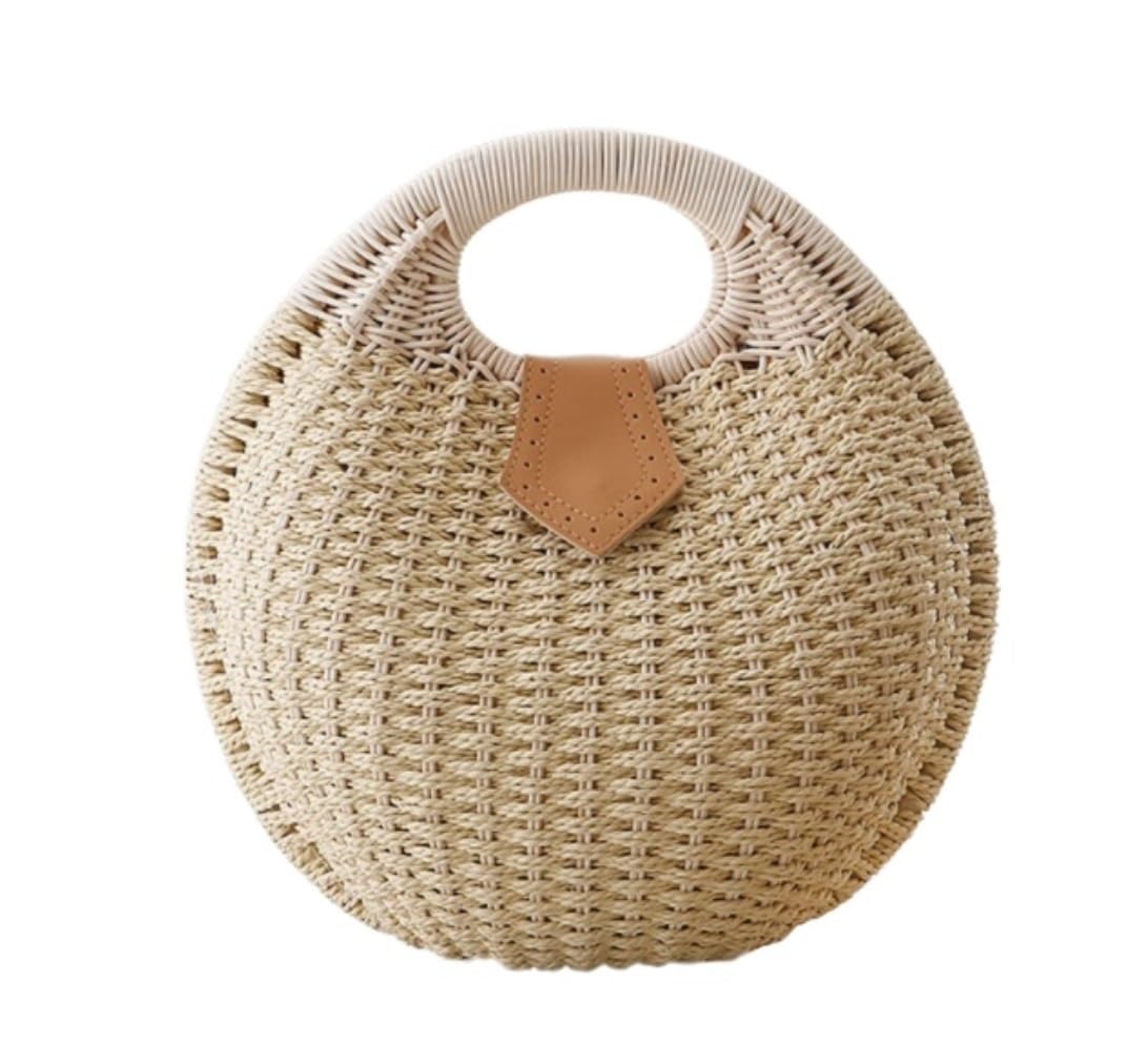 Sac de plage d'été Sacs De Paille D'été Sac À Main En Paille Tissé Femmes Rotin Tissé À La Main Rond La Date et Les Vacances(Color:A)
