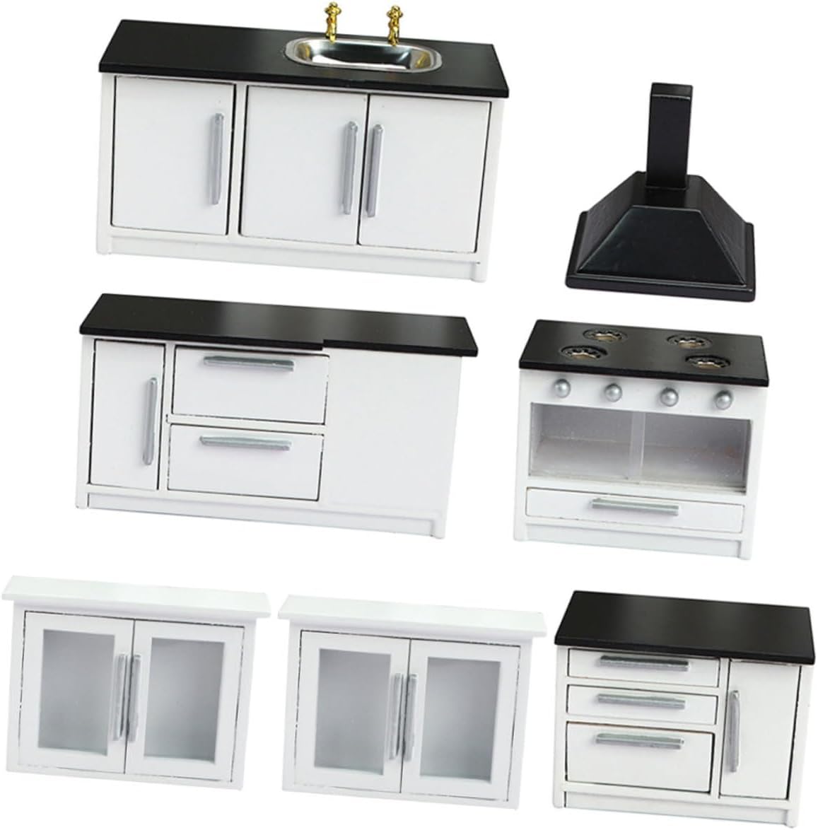 Uonlytech 12 Scale Miniature Wooden Doll House Kitchen Furniture Set, 7pcs White Tiny Kitchen Accessories for Dollhouse Play and Mini Scene Decoration