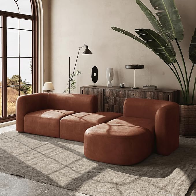Image of Modern Classic L Shape Sectional Sofa Set, Chesterfield Style 4 Seater Sofa Set with Pillows for Living Room, Bedroom and Office, Office, and Hallway Colour (Modular 4 Seater Brown)