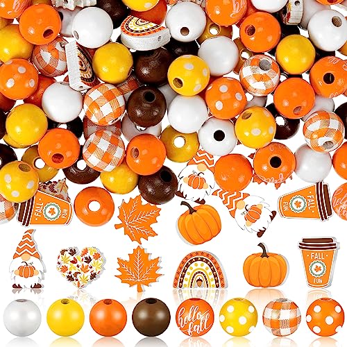 FairySandy 200 Pieces Fall Thanksgiving Wooden Beads Pumpkin Maple Leaf Colorful Round Loose Spacer Autumn Beads for Necklace Bracelet Jewelry Making DIY Craft Home Decoration