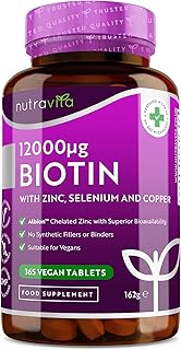 Biotin Hair Growth Supplement 12,000mcg with Zinc, Selenium & Copper - Full Year Supply 365 Vegan High Strength Biotin Tablets for Hair - Supports Hair, Skin & Nail Growth - Hair Growth - Nutravita