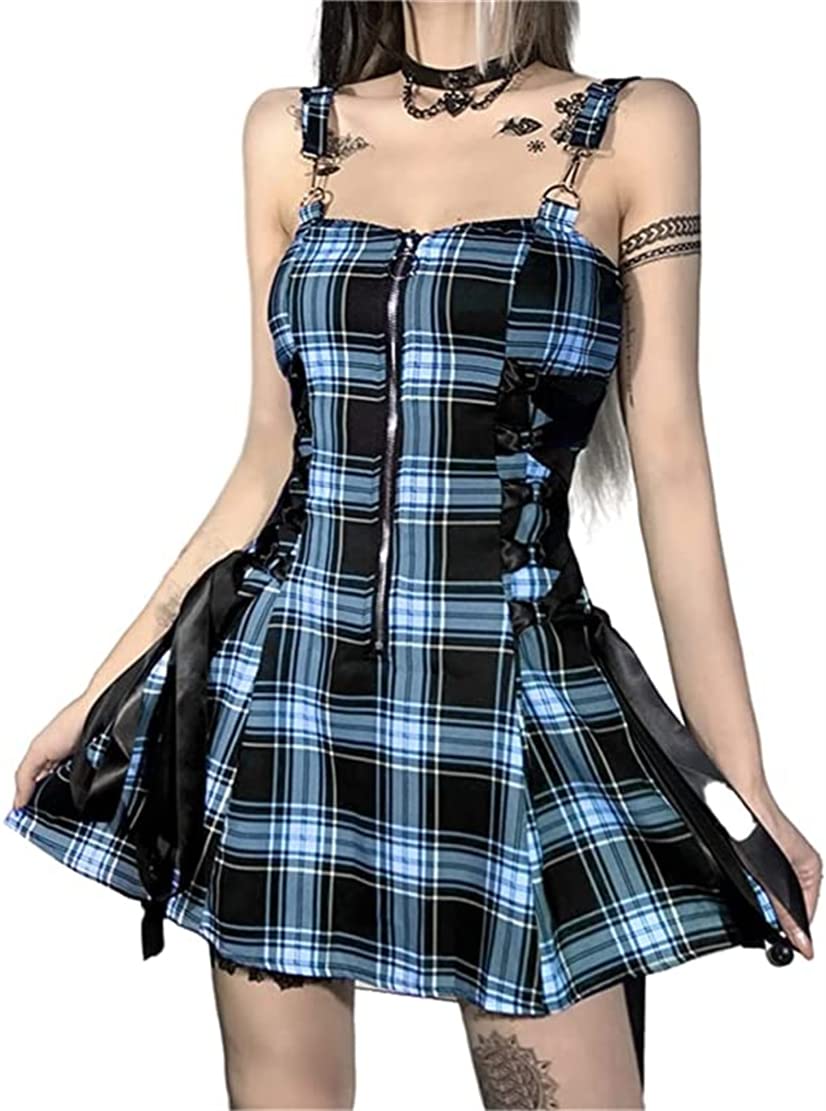 XCJIKUKE Gothic Mini Dress Spaghetti Straps Cami Dress Fairy Mall Goth Punk Y2k A-Line High Waist Halloween Dresses, Gothic Mini Plaid Dress, S