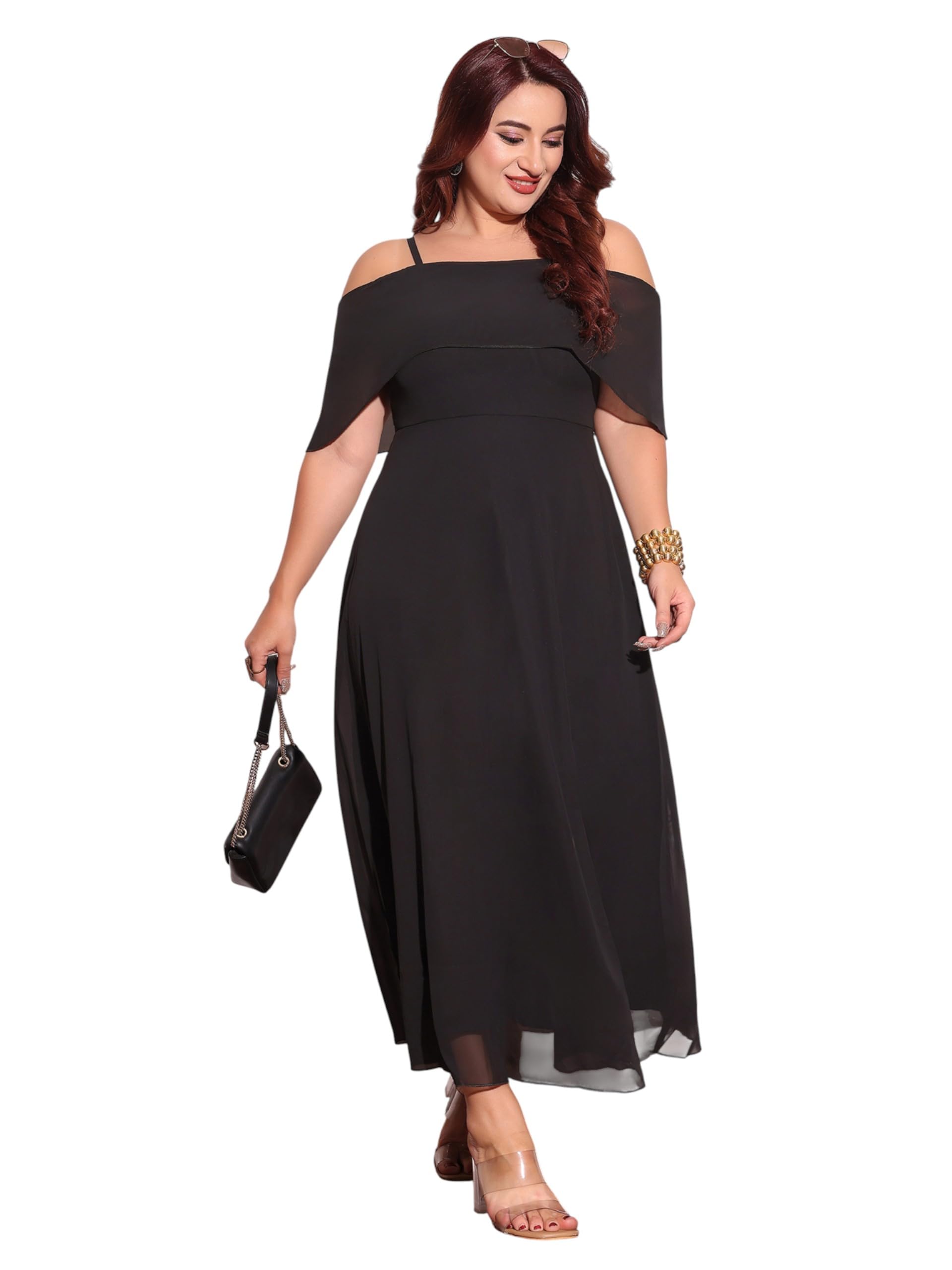 miss chase a+ Women's Self-Designed Relaxed Fit V-Neck 3/4th Sleeve Georgette and Lace Maxi Dress-picture-13
