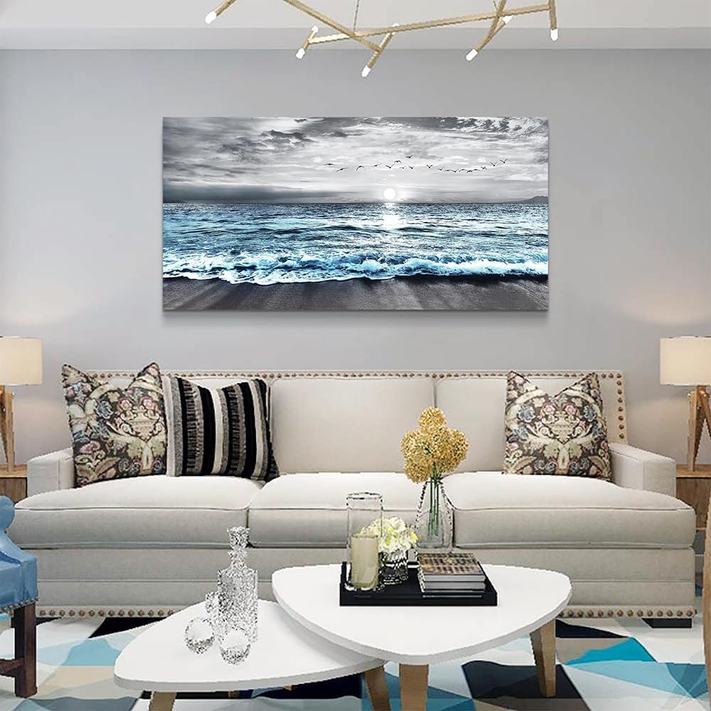lianyibo Large Canvas Wall Art For Living Room Bedroom Decor Black & White Blue Sea Wave Pictures Posters Prints Beach Posters(30x60cm/Inner frame)