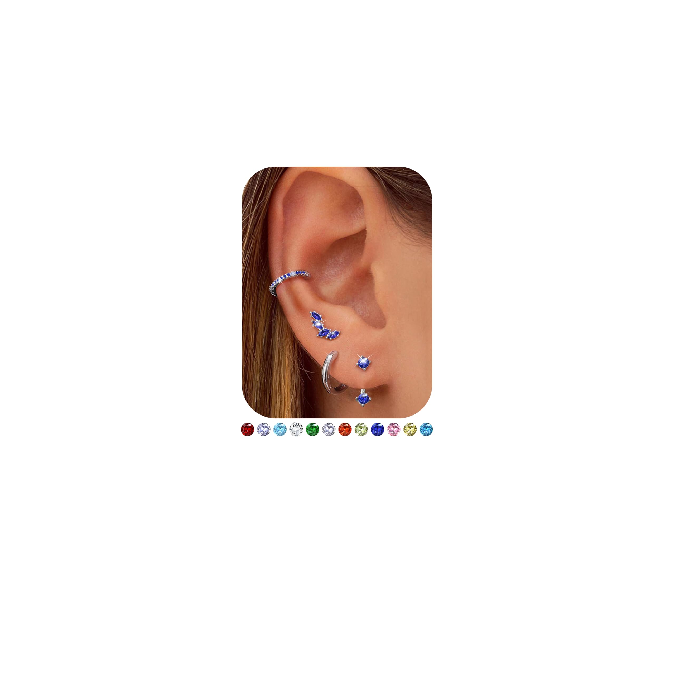 FIOROYAL925 Sterling Silver Earrings Set for Women, 4 Pairs Earrings Stacks for Multiple Piercings, Hypoallergenic Gold/Silver Hoops Ear Cuff Jacket Stud Birthstone Earring Birthday Jewelry