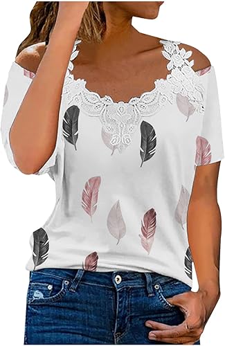 Cold Shoulder Tops for Women 2023 Summer Short Sleeve Lace V Neck T Shirts Elegant Casual Floral Printed Blouse Tunics