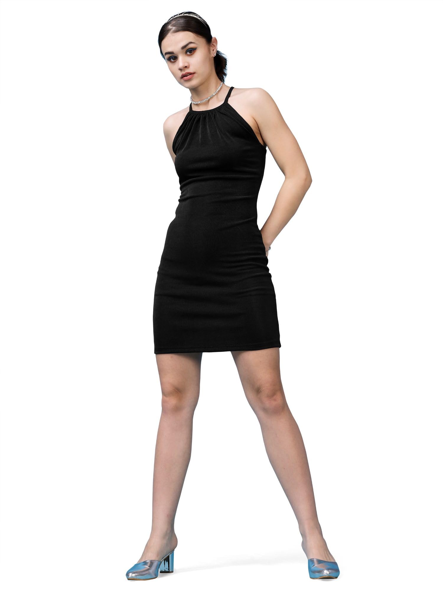 Purvaja Womens Ruched Above Knee Length Dress (Shine-033-Black_Black_Medium)