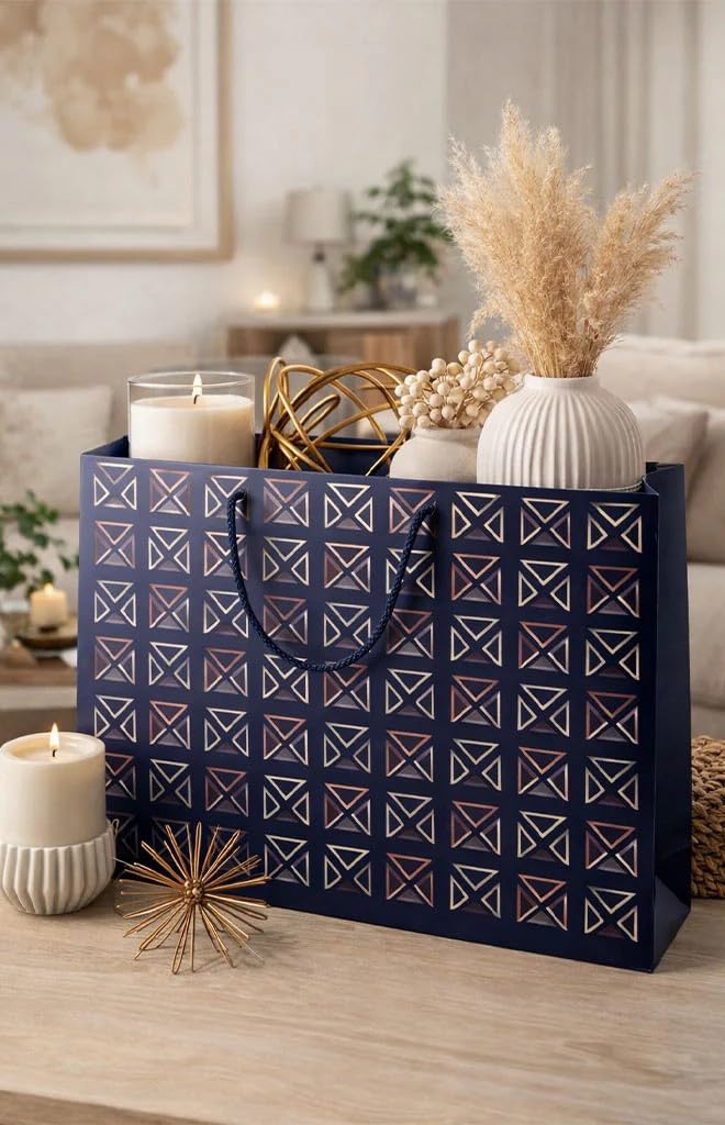 Inoverse 100 Stück Geschenktüten mit Henkel, 37 × 25 × 11 cm – Große Stabile Kraftpapiertüten mit Blau-Muster, Premium Geschenktaschen für Geburtstag, Hochzeit, Party & Einzelhandel