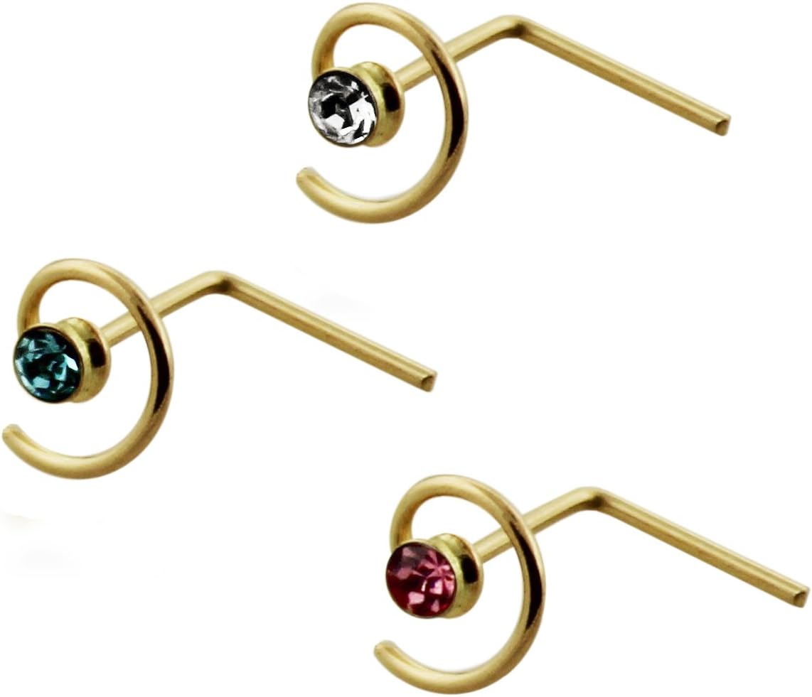 3 Piece Pack of 9ct Solid Yellow Gold Spiral with Gemstone 22 Gauge L Shape Nose Stud
