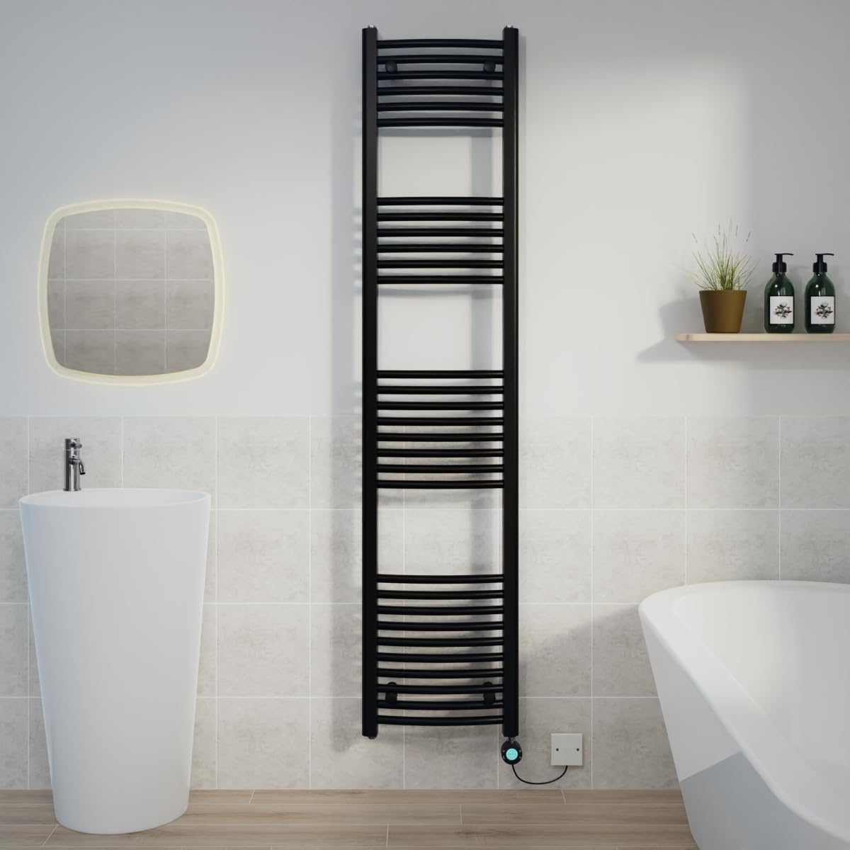 Warmehaus Electric Heated Towel Rail Curved Black Thermostatic Bathroom Towel Radiator with Timer Prefilled - 1800x400mm 800W