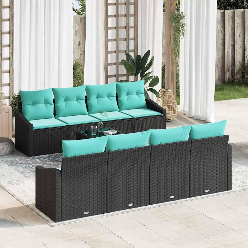 Set di mobili da giardino in polyrattan con tavolo, colore nero e turchese | Seduta modulare con tavolo regolabile in altezza e comodi cuscini per giardino, terrazza e balcone.