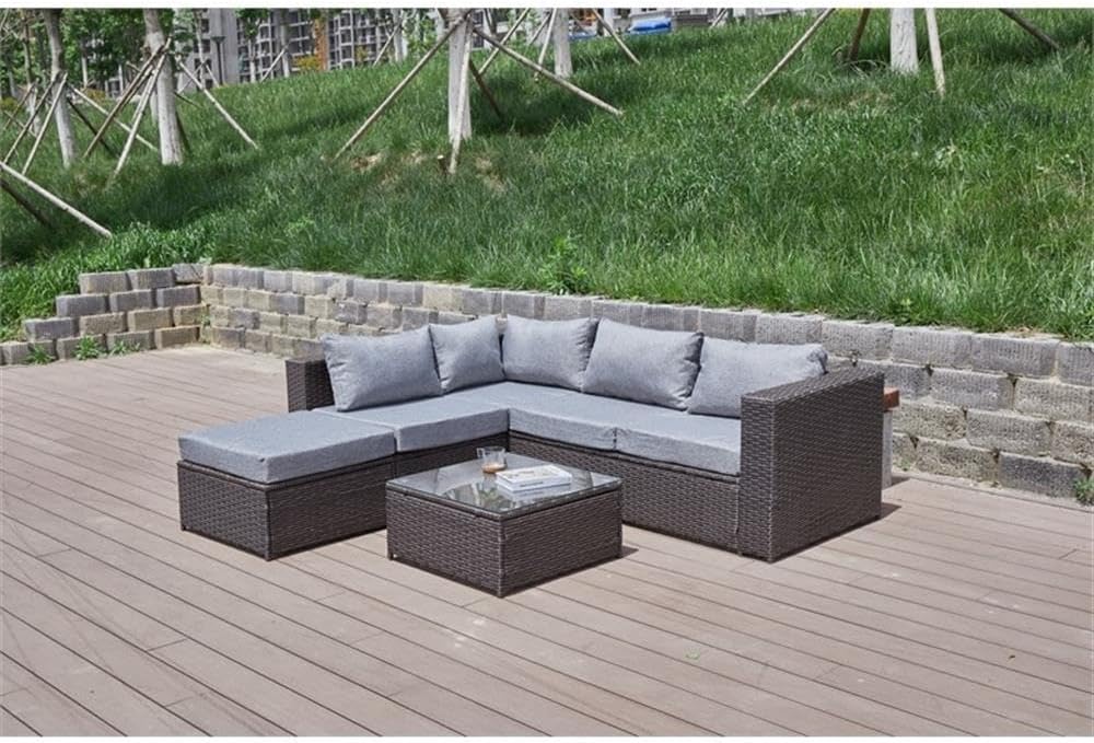 Pemberly Row Outdoor Sectional Sofa Set, Gray Cushions, Brown Wicker/Rattan Frame, 86" L x 80" W x 28" H, Tempered Glass Top Coffee Table, Water-Resistant Cushions, Modern Patio Furniture for