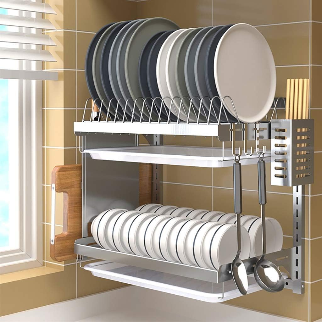 TIANQIHAO Wall Mounted Stainless Steel Dish Drying Rack With Drain Pan, 2 Layer Kitchen Nizer, Heavy Duty Space Saving Rack For Efficient Drying And Storage,2 layer