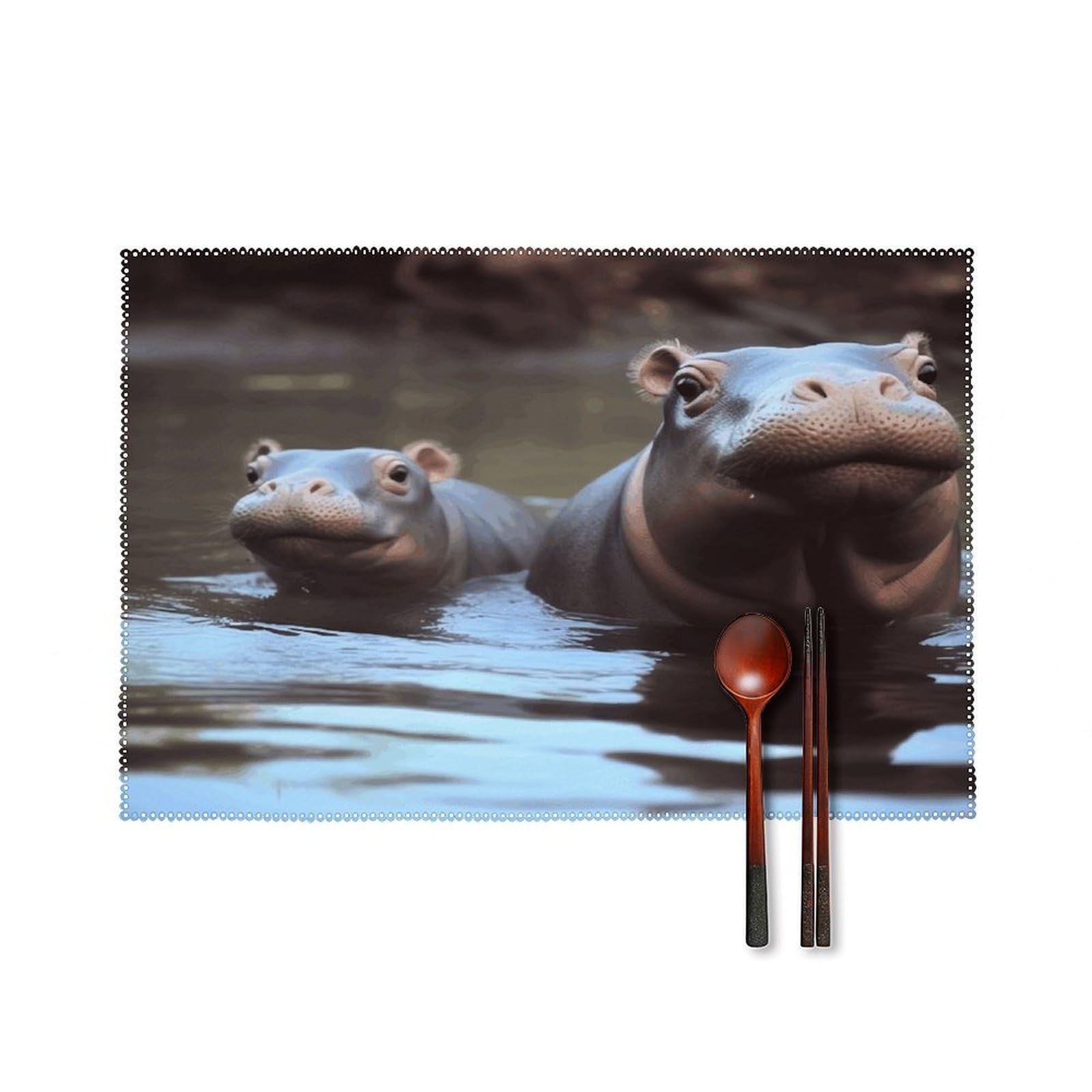 Hippos Placemats Set of 4 Heat Resistant Non-Slip Place Mats Reusable Dining Table Mats Canvas Place Mat Anti-Fading Waterproof Placemats for Dining Table Decor