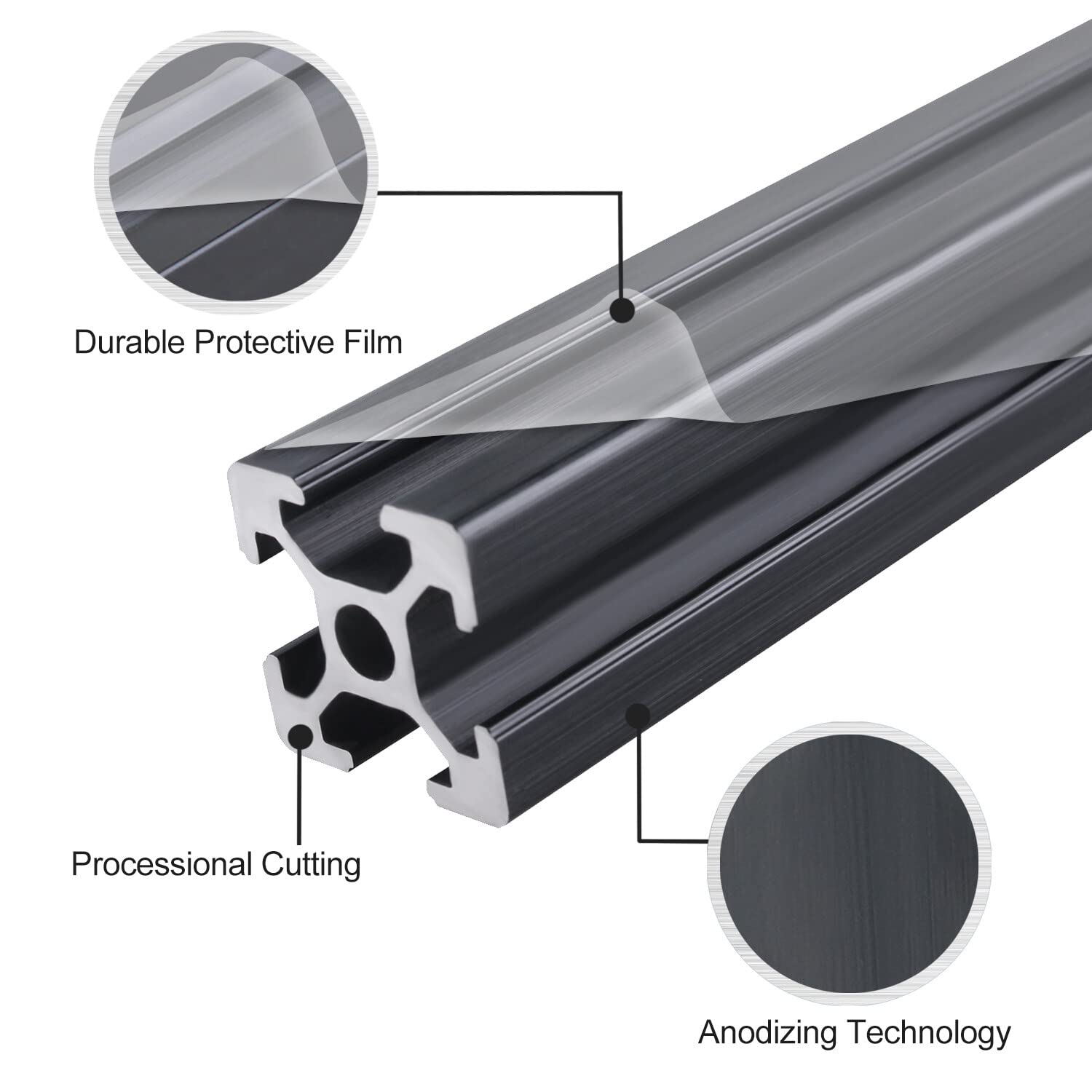 CNCMANS Lot de 4 profilés en aluminium 600 mm 2020 - Type T - Noir - Norme européenne - Profilé linéaire anodisé en aluminium avec écrou en T et connecteur coudé en L pour machines CNC