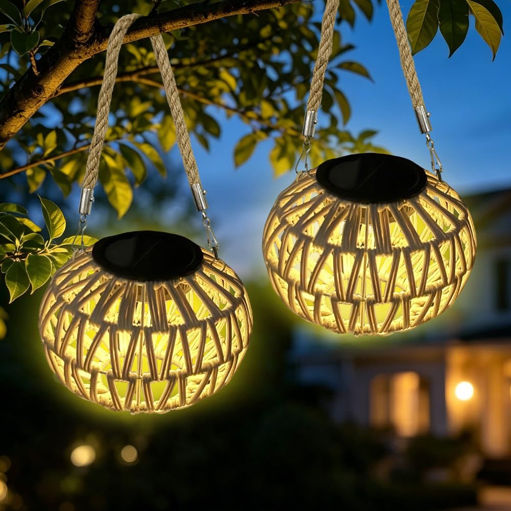 2 lampade solari in rattan, rattan, in rattan, per esterni, da appendere, a energia solare, per esterni, boho, a maglia solare, con IP65, resistente alle intemperie, per giardino, terrazza
